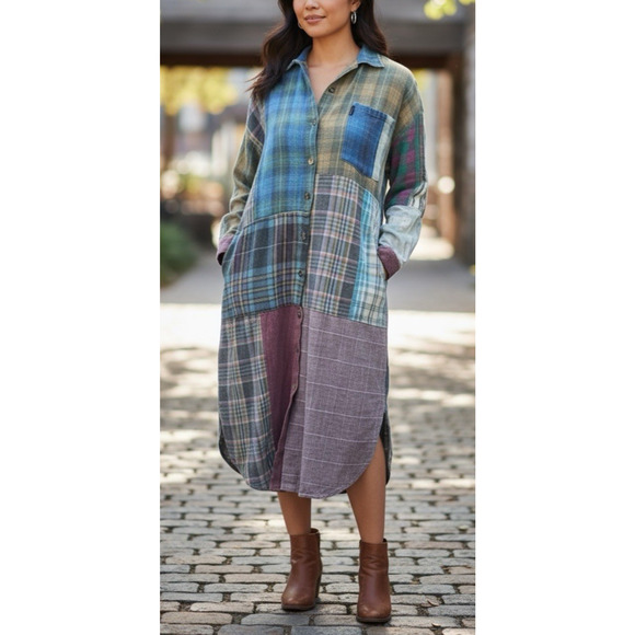 Citron Dresses & Skirts - Vtg Y2K Citron Santa Monica Patchwork Shirt Dress Small Boho Artsy Grunge Earthy